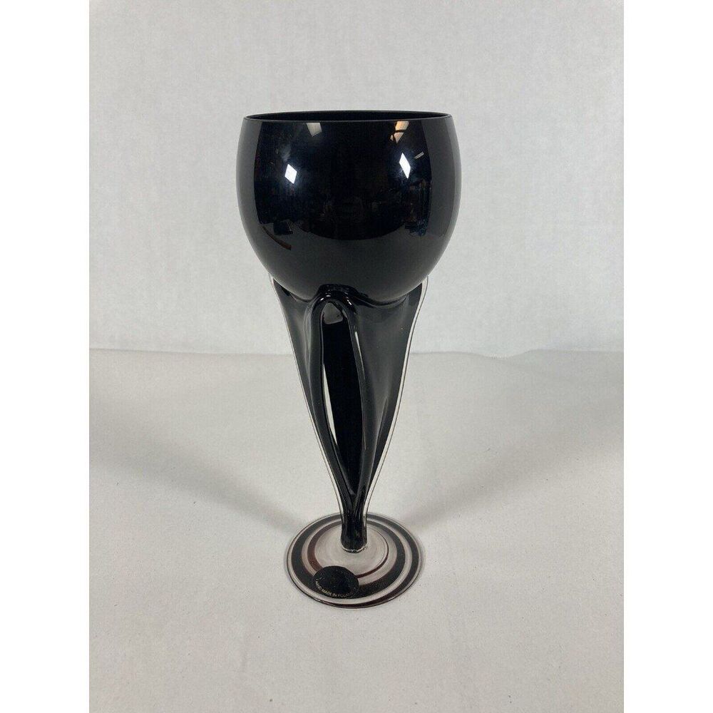 Jozefina Krosno Art Glass Black Swirl Stemmed Goblet Candle Holder Poland Vtg 9” - Picture 6 of 12